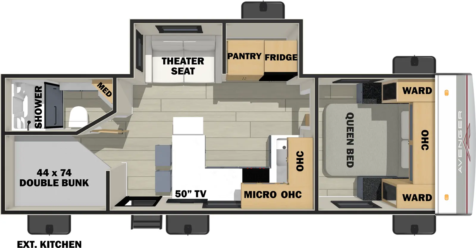 The Avenger 25MKB floorplan has one entry and one slide out. Exterior features include: metal exterior and outside kitchen. Interiors features include: bunk beds and front bedroom.